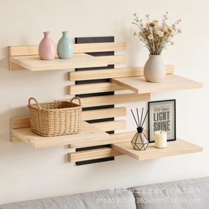Wooden <b>Wall</b> <b>Mounted</b> <b>Shelf</b> 4 Layers Natural Color Durable Storage Rack For Home Living Room Bedroom Bathroom Organization - Product Image 1