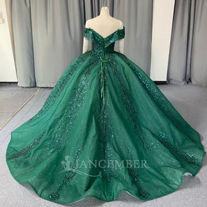 Lsany302 Royal Emerald Green Damask Scroll Rhinestone Beaded Bodice Glitter <b>Ball</b> <b>Gown</b> Quinceanera Dress Jancember - Product Image 3
