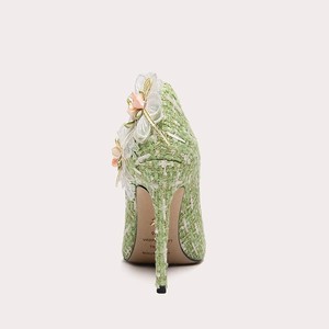 Eleganti Tacchi Alti Verde Chiaro con Pizzo Bianco e Decorazioni Floreali Rosa, Scarpe a Punta Taglia Grande - Product Image 4