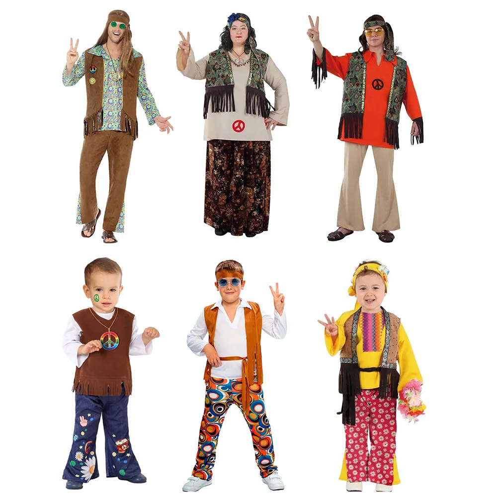 Wholesale Custom Kids Man Women Hippie Costume Set 60s 70s Fringe Vest Faux Suede Tassels Vest