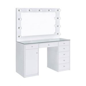 Coiffeuse vintage de luxe avec plateau en verre, mélamine et bois, grand miroir, 6 tiroirs, style rétro - Product Image 5
