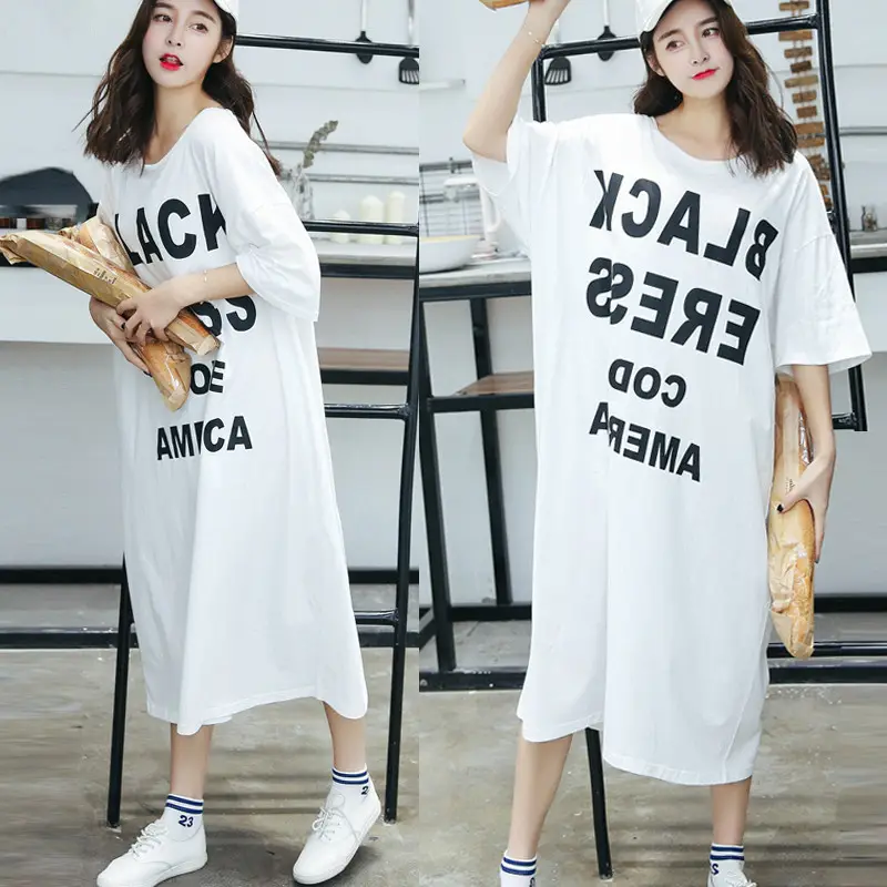 Vestido camiseta estampa de letras, para o verão 100% algodão, feminino, plus size, manga curta, casual