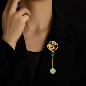 Chinese Style Hollowed Out Geometric Brooch With Jade Like Pendant For Women Hanfu Cheongsam Pin Everyday Wear - Product Image 2