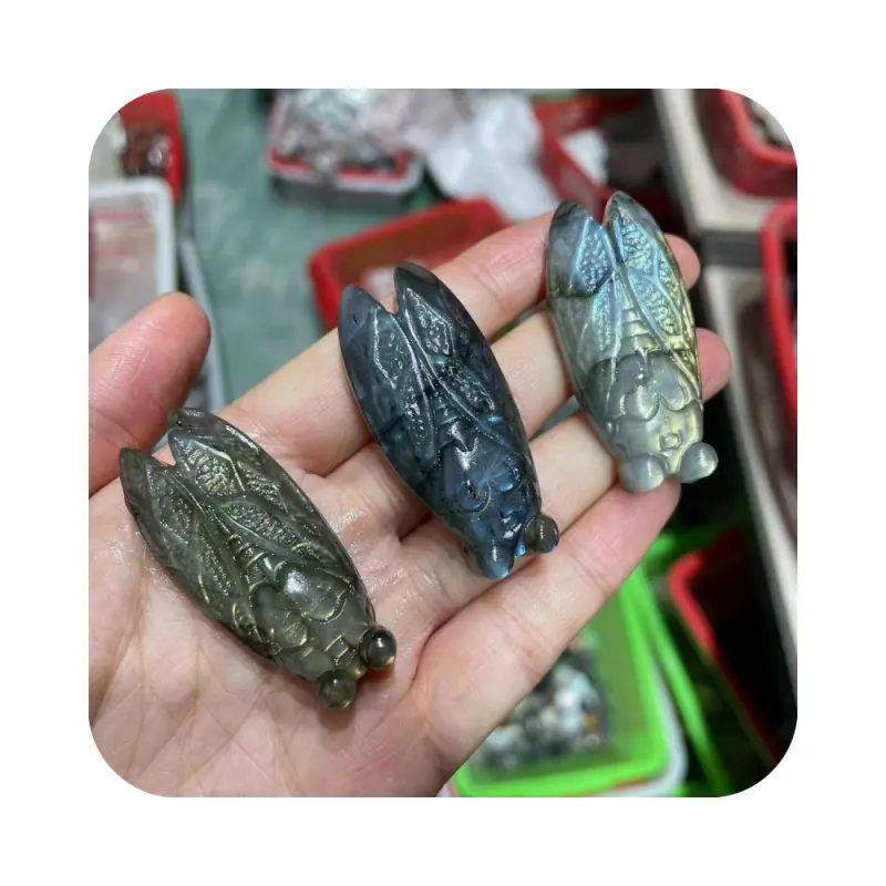 Hand Carved Natural spiritual Labradorite Stone Cicada polished Animal Carving Crystal Gifts For feng shui home decoration