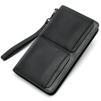 Dompet Pria Kulit Asli Model Panjang dengan Dua Kantong dan Banyak Slot Kartu, Tas Selempang Pria