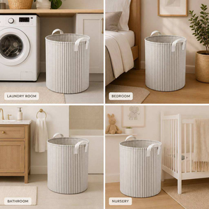 Panier à linge pliable à rayures rondes avec poignées, en toile robuste - Product Image 3