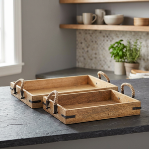 Plateau de service en bois rectangulaire avec poignées en corde, design rustique, matériau solide et durable - Product Image 4