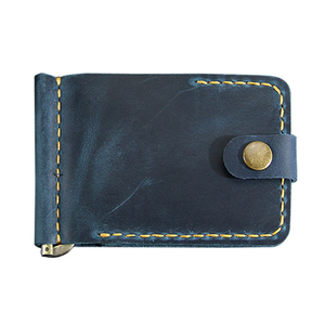 Genuine Leather Moneyclip Wallet Slim Credit Cardholder Vintage Retro Blue Cowhide Leather Money Clip Minimalist Wallets for Men - Product Image 5