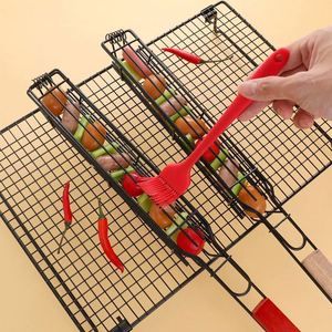 Utensilios de barbacoa de acero inoxidable con mango de madera para parrilla exterior y doméstica, jaula para verduras y brochetas redondas, herramientas con logotipo láser - Product Image 5
