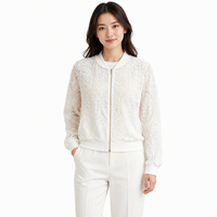Blouson Bomber Femme Personnalisé en Dentelle OEM ODM Marque Privée, Veste Zippée à Manches Longues avec Bordure Côtelée et Dentelle Transparente pour le Bureau et les Trajets Quotidien