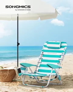 SONGMICS 2 adet kırmızı ve beyaz çizgili açık sandalye uzanmış plaj sandalyeleri ile katlanabilir soğutucu cep şişesi tutucu ve yastık