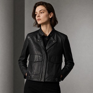 Chaqueta de Cuero Estilo Moto para Mujer, Nueva Colección Primavera-Otoño, Chaqueta Corta con Cuello Alto para Uso Diario Informal - Product Image 1