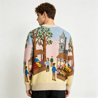Pull long en tricot jacquard épais en coton pour homme, grande taille, collection automne, motif paysage tendance, vente en gros par petites quantités