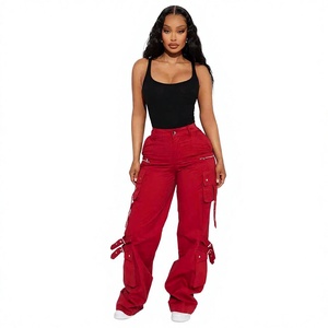 Pantalones Cargo Rojos de Cintura Alta, Corte Holgado, Largos, de Color Sólido, con Bolsillos, Estilo Urbano, para Otoño - Product Image 1