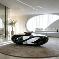 Table basse ovale sculpturale en fibre de verre noire brillante, design monobloc pour espace de vie résidentiel moderne et luxueux