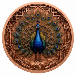 Koin Peringatan Relief Tinggi Berwarna Tembaga Murni 999 1OZ Koleksi Peacock, Seni Satwa Liar, Medali Bundar Koleksi - Product Image 1