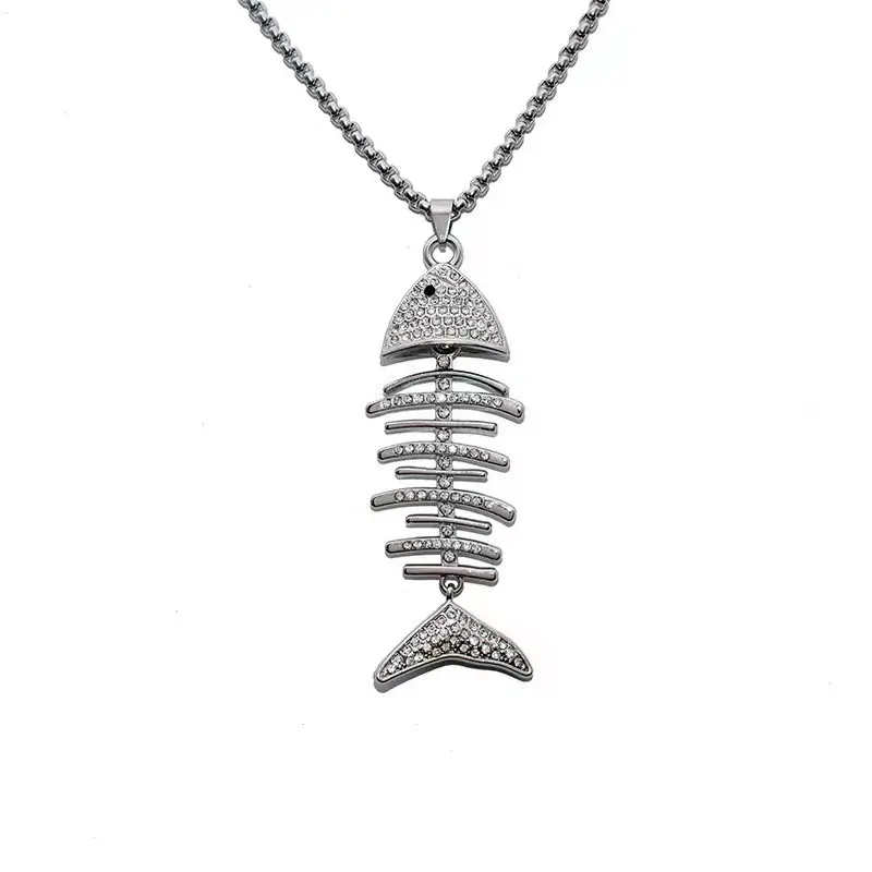 New tide fish bone necklace female ins soil cool Bundy year after year have fish hip hop pendant sweater chain