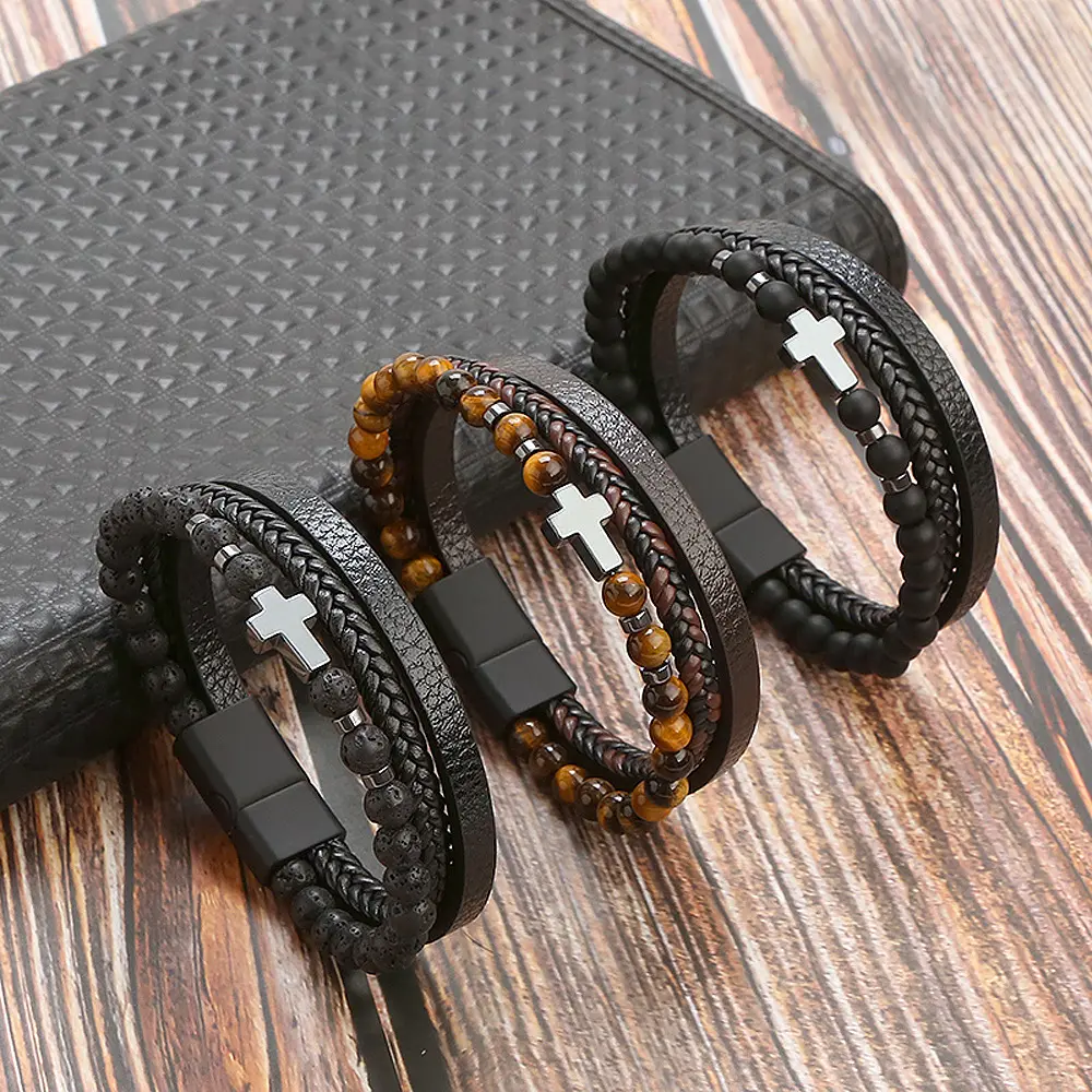 Finetoo Handgemaakte Geweven Cross Lederen Armband Punk Natuursteen Armband Voor Heren Sieraden