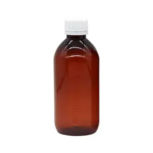 Ölçek ilaç şişesi ile toptan özel 250ML PET plastik Amber şurup şişesi