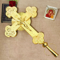 Croix de Procession Orthodoxe Orientale Plaquée Or, Gravée Double Face en Alliage de Zinc, Croix Religieuse Anges Douze Apôtres 75cm