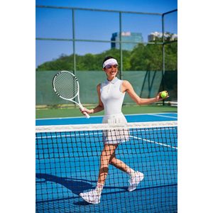 Ensemble jupe de tennis deux pièces pour femme, blanc et bleu, tenue de golf plissée, robe polo sans manches en polyester tissé respirant - Product Image 6