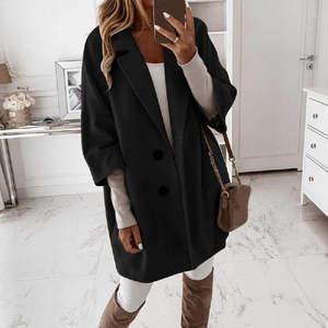 Manteau élégant en cachemire noir pour femme, mélange de laine, manches longues, double boutonnage, vêtement d'extérieur d'hiver, taille S - Product Image 1