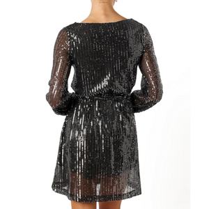 Nuevo Vestido Mini Negro de Lentejuelas con Manga Larga para Mujer, Cuello Redondo, Cintura Ajustable con Lazo, Vestido de Fiesta - Product Image 2