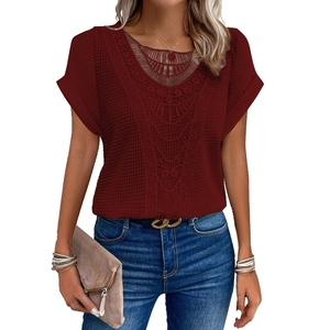 Factory Wholesale Casual Solid Color Sexy Lace Patchwork Short Sleeve T-shirt Princess Sleeve Shirts <b>Blouse</b> Fashion - Product Image 4