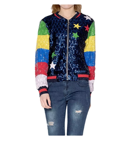 Blouson Bomber à Paillettes pour Filles, Manches Rayées Arc-en-ciel, Patch Étoile, Fermeture Éclair, Vêtements de Créateur pour Enfants, <span class=keywords><strong>Manteau</strong></span> d'Hiver, <span class=keywords><strong>Petite</strong></span> Veste d'Extérieur - Product Image 4
