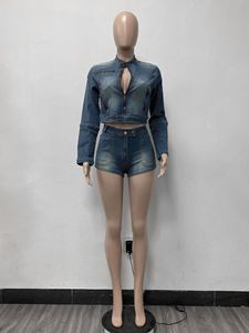 Femmes printemps vêtements 2024 nouvelle mode femmes Denim deux pièces ensembles <span class=keywords><strong>Petite</strong></span> 2 pièces court Jean veste ensemble - Product Image 3