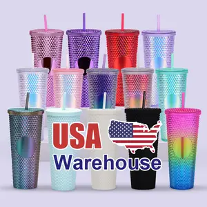 Straw Cup with Lid Reusable Rhinestone Stainless Steel Double