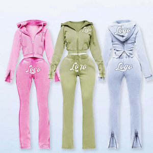 F5933 Completo Due Pezzi con Felpa Corta con Zip e Pantaloni della Tuta Abbigliamento Firmato Personalizzato Completo da <span class=keywords><strong>Donna</strong></span> Abbigliamento Streetwear - Product Image 1
