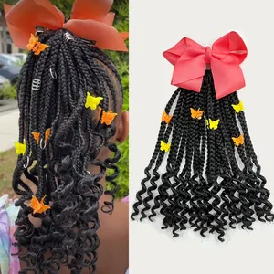 Ponytail kepang kotak anak-anak 8 inci, dengan ekstensi rambut ujung keriting, ekor kuda loc crochet dengan klip bentuk kupu-kupu dan busur