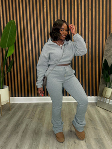 Autumn Winter Sports Two Piece <b>Set</b> Zipper Waist Velvet Oodie <b>Tie</b> Rope Pants Long Casual Style Pleated Knitting Ankle - Product Image 4
