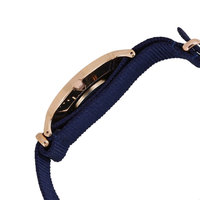 Montre DW unisexe minimaliste avec boîtier en alliage or rose, mouvement à quartz argenté, cadran bleu marine, bracelet en nylon et verre minéral