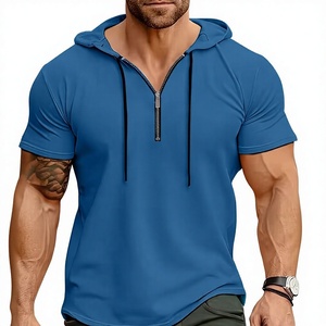 Men's Hooded Henley T-Shirt Short Sleeve Regular Fit Quick Dry Solid Color Casual Pullover Light Blue Jersey Knitted Polyester - Product Image 1