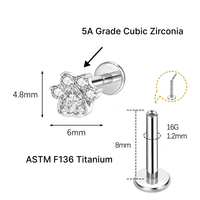 JiaXin ASTM-F136 Piercing Corporal de Titanio Sin Rosca con Parte Trasera Plana, Tipo Labret, Medusa, Concha, Lóbulo, Flor, Circonita Cúbica, 16G