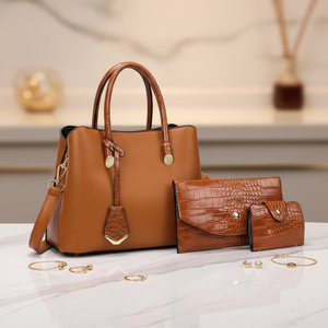 Ensemble de sacs à main 3 pièces pour <span class=keywords><strong>femme</strong></span> en cuir imperméable grainé, sac à bandoulière avec pochette et portefeuille à motif litchi - Product Image 4