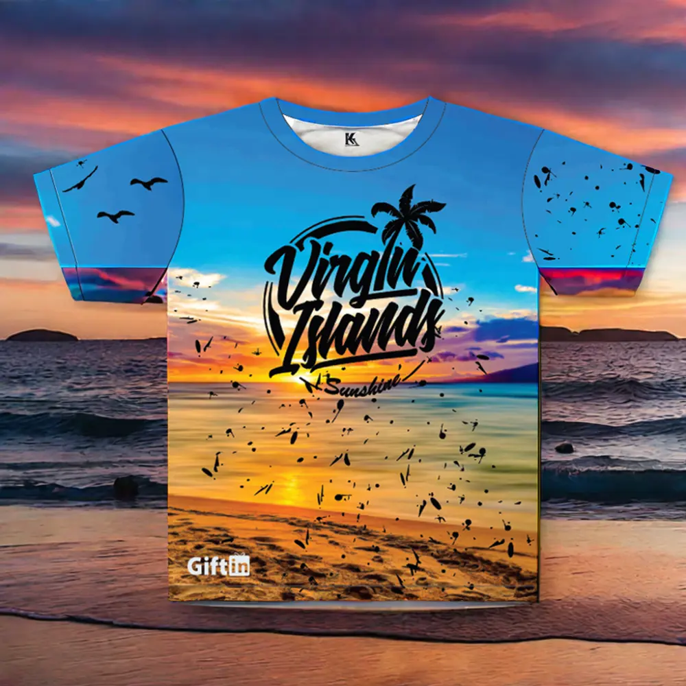 Camiseta tribal 100% poliéster sublimação grande em branco para lembrancinhas de praia e ilha do mar com estampa 3D personalizada por atacado grátis