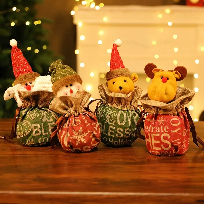 Tas Hadiah Permen Natal dengan Tas Natal Kain Dapat Digunakan Kembali dengan Rusa Manusia Salju untuk Hadiah Biskuit Pembungkus Liburan