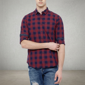 Chemise décontractée à carreaux pour homme, 100 % coton sergé, anti-boulochage, manches longues, poignets contrastants, saison printemps, personnalisable avec étiquette du vendeur - Product Image 3