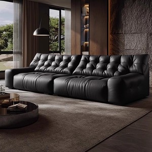 أريكة فاخرة على شكل سحابة من الجلد الطبيعي الفاخر بلون التوت الأسود العميق لعام 2026، تصميم خطي مدمج بثلاثة مقاعد لغرفة المعيشة الصغيرة - Product Image 1