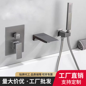 Grifo de bañera oculto de 1 manija, montado en la pared, con set de ducha en cascada y cabezal de ducha tipo lluvia, forma rectangular, con válvula de cerámica. - Product Image 2