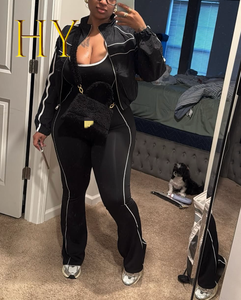 Trendiges Damen 2-Teiliges Workout-Jogger-Outfit mit Individuellem Logo Crop-Jacke Rückenfreier Jumpsuit Kurze Länge Einfarbiges Muster Top-Set - Product Image 2