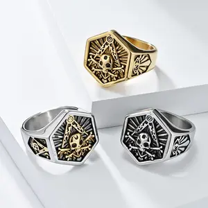 Anel maçônico retrô para homens, anel maçônico de alta qualidade em aço inoxidável simples e simples, caveira para freemason, fraternidade G