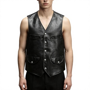 Chaleco sin mangas de cuero negro para hombre con botones plateados y cuatro bolsillos, chaleco informal - Product Image 1