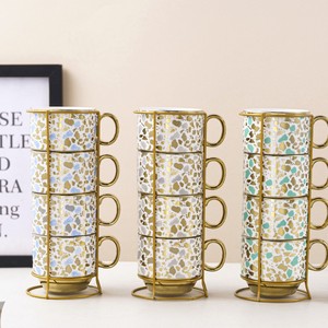 Taza de Porcelana Estilo Europeo con Soporte de Hierro, Diseño Galvanizado, Apilable, Apta para Microondas, Ecológica, para Almacenamiento; Set de Regalo - Product Image 5