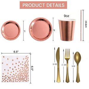 Ensemble de vaisselle jetable en papier à pois de forme ronde en rose, noir et or pour les enfants et les fêtes du Nouvel An, décorations de table - Product Image 2