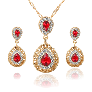 レッドクリスタルラインストーンヴィンテージブライダル18Kゴールドメッキ合金ネックレスイヤリングジュエリーセット女性用ギフト - Product Image 1