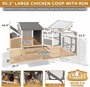 โรงเรือนเลี้ยงไก่กลางแจ้งขนาดใหญ่ พร้อมล้อเลื่อน บ้านไก่ไม้ขนาด 95.3 นิ้ว สำหรับไก่ 3 ตัว กล่องวางไข่ 3 ช่อง (มีฉากกั้น 2 ชิ้น) ถาดแบบดึงออกได้ - Product Image 2